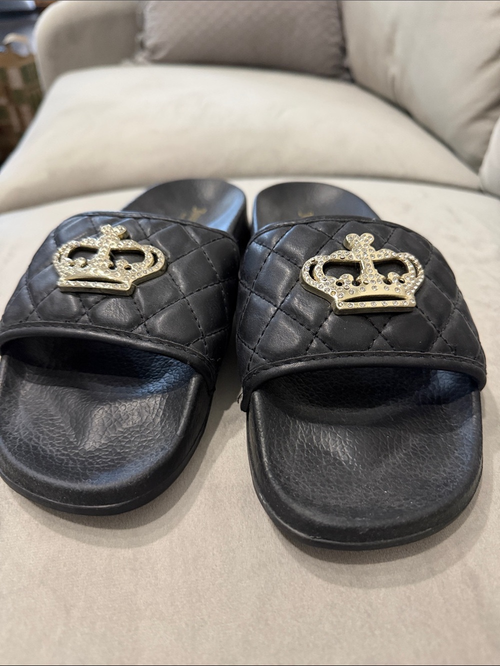 Juicy Couture Black Quilted Slides with Gold Crown Accent
